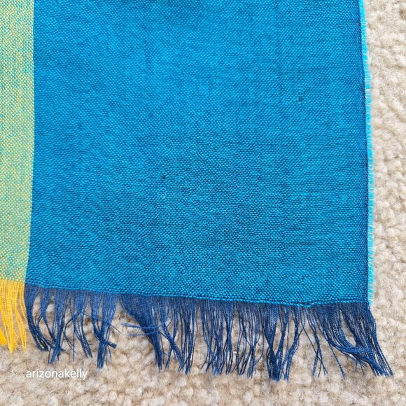 100% Wool Lightweight Checked Scarf Blue White Yellow Made in Scotland - Picture 8 of 12